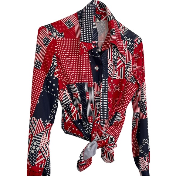 VINTAGE Career Girl Dallas Red White & Black Patchwork Long Sleeve Western Shirt - Picture 6 of 7